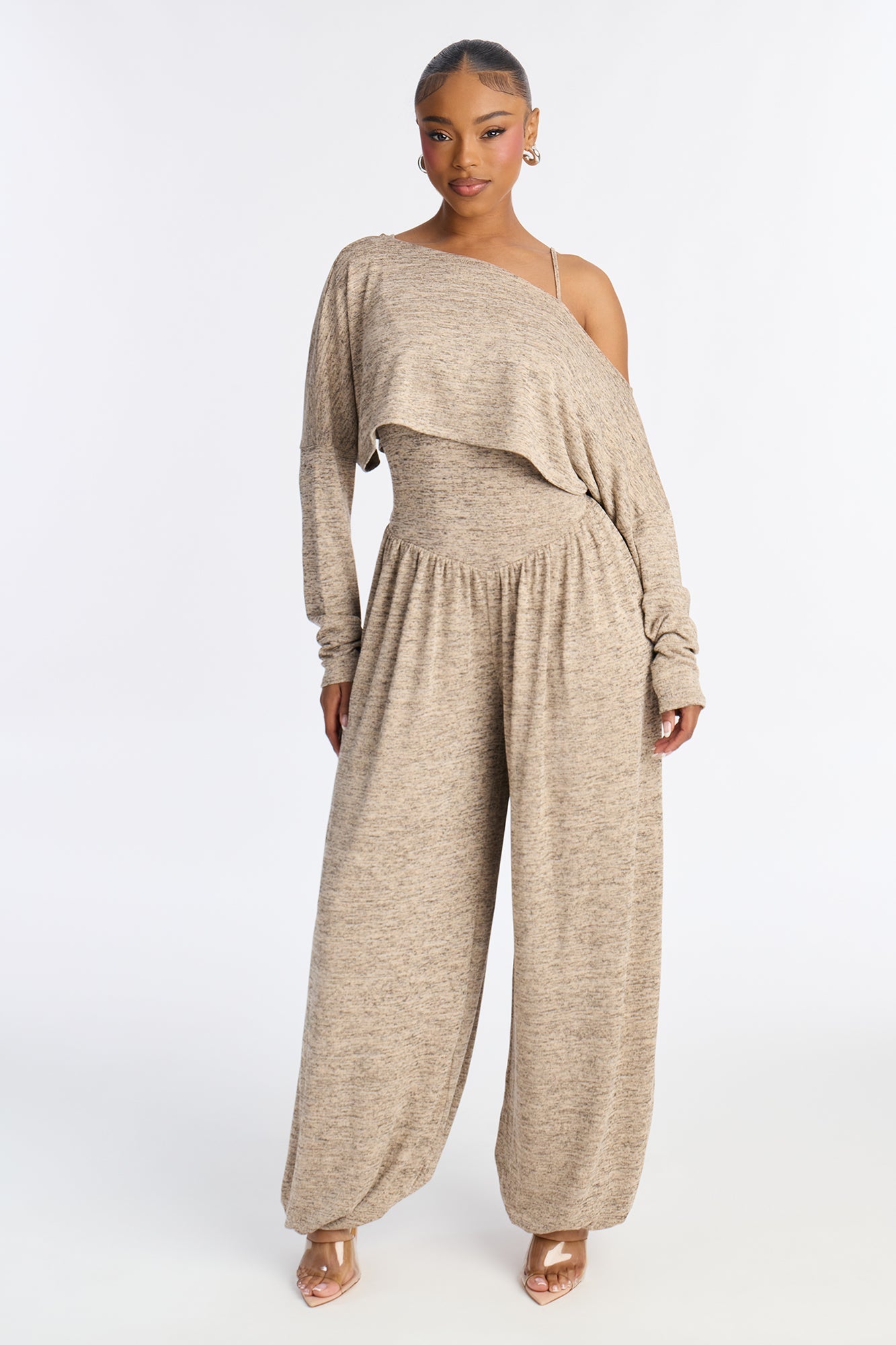 Alania 2 Piece Draped Sweater Balloon Leg Jumpsuit - Brown/combo