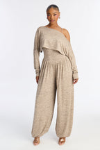 Alania 2 Piece Draped Sweater Balloon Leg Jumpsuit - Brown/combo