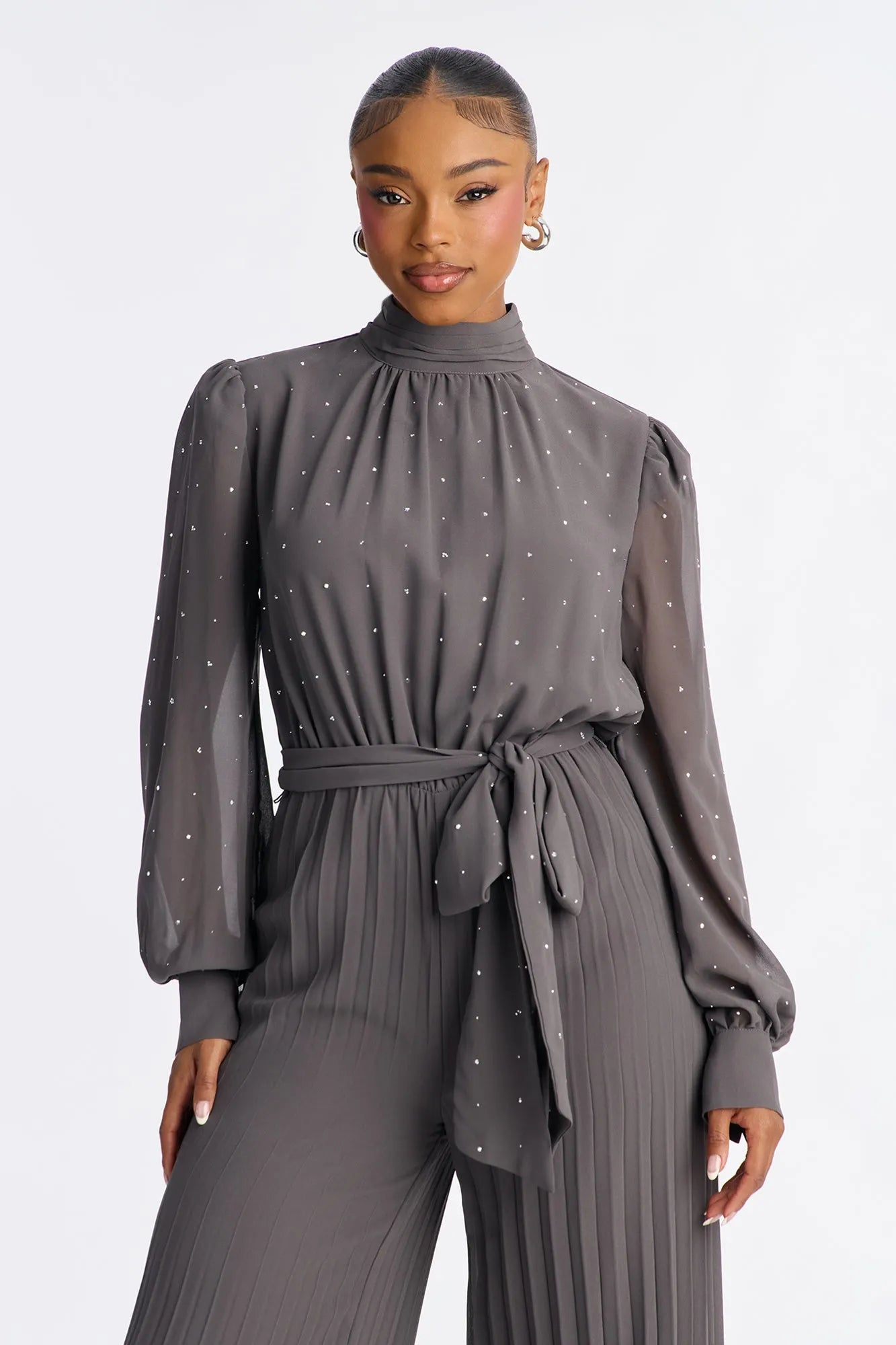 Monica Embellished Mock Neck Wide Leg Jumpsuit - Grey