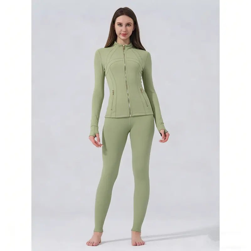 【Golden Zipper】Soft Brushed Women's Sport | Yoga | Quick-dry | Workout Jacket & High Waisted Cropped Leggings. Golden Zipper Jacket with Pockets, Yoga Pants, Thumbholes Design, Casual Slim fit Wear for Women