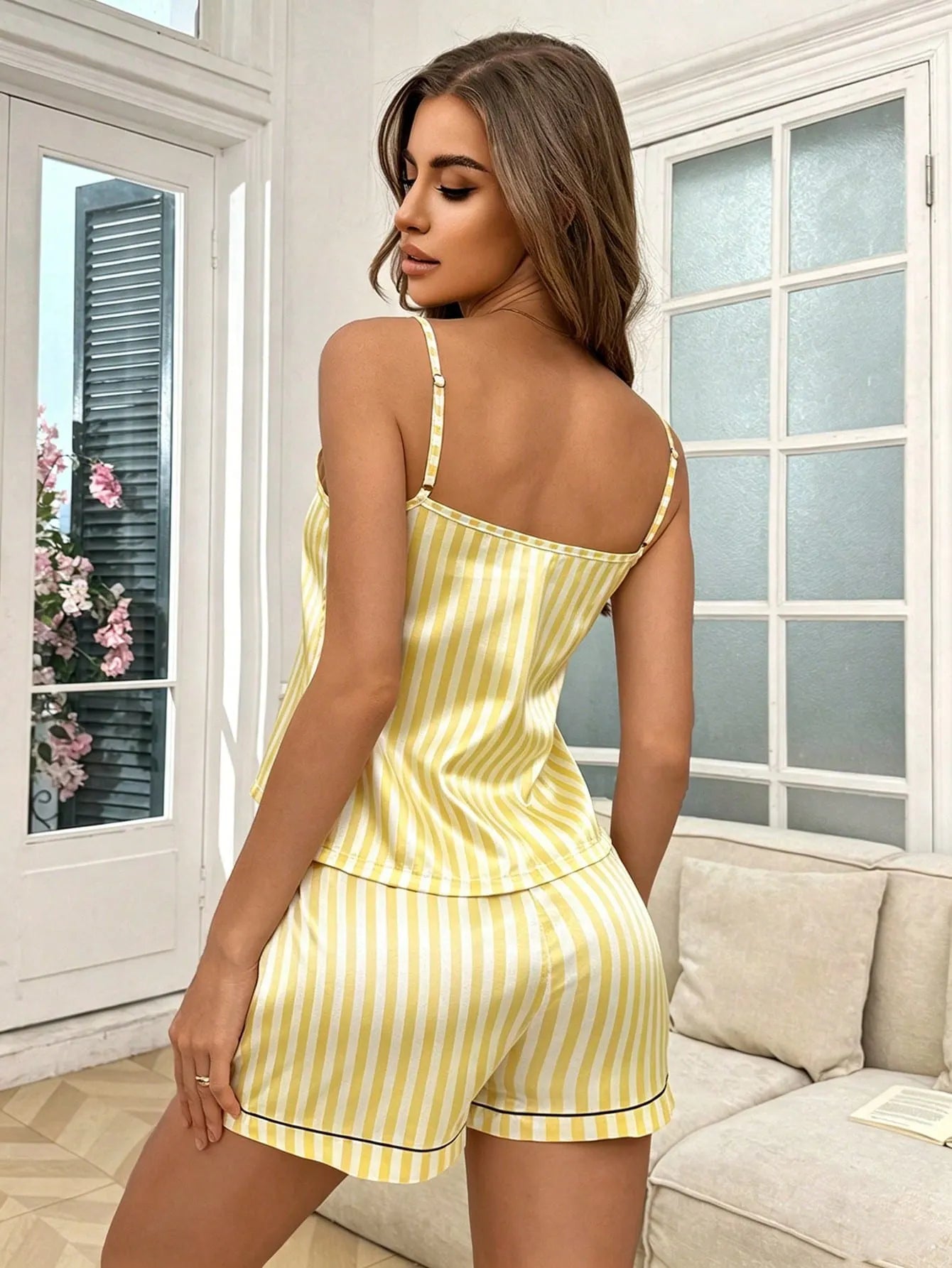 Softscene Stripe & Print Satin Camisole Top & Shorts Women Pajama Set