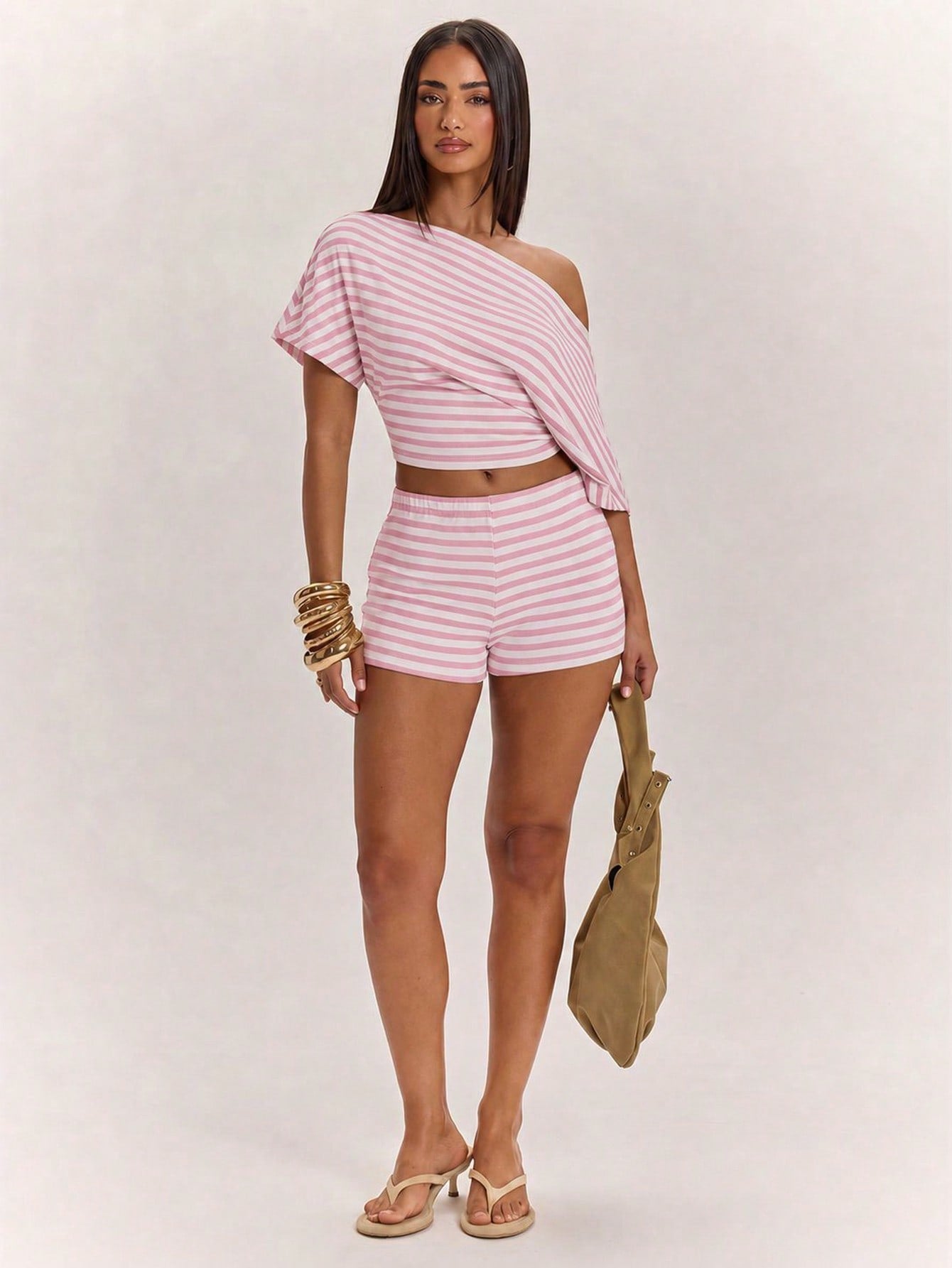 Women's Striped Asymmetric Shoulder Short Sleeve Top And Low Waist Shorts Set, Spring/Summer Striped Two Pieces Set, Summer Two Pieces Set, Casual Two Pieces Set, Comfortable Two Pieces Set, Suitable For Beach Vacation And Daily Casual Wear