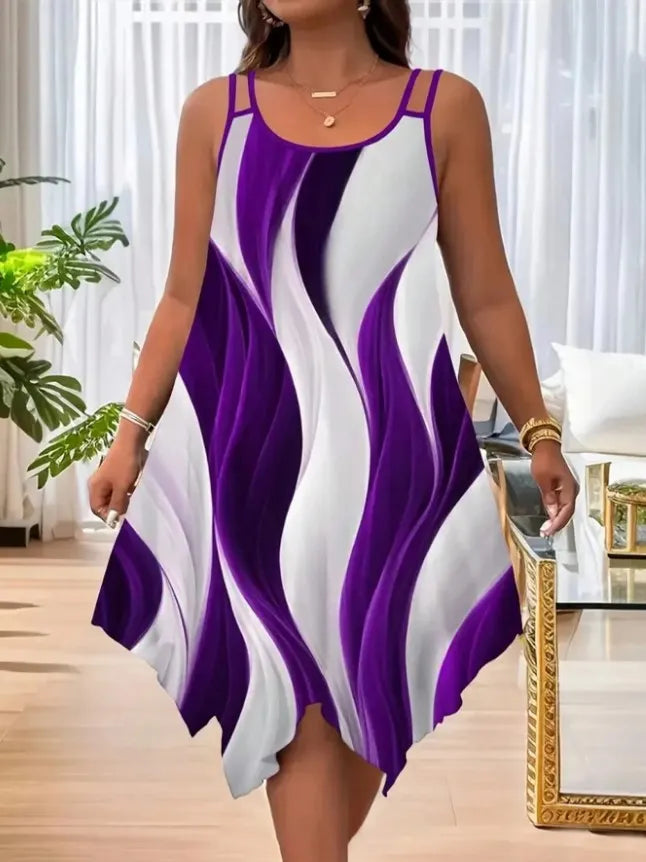 Women's Elegant Asymmetric Hem Double Strap Dress, Round Neck, Random Print Design, Summer Casual Party Wear, Fitted Style, Chic