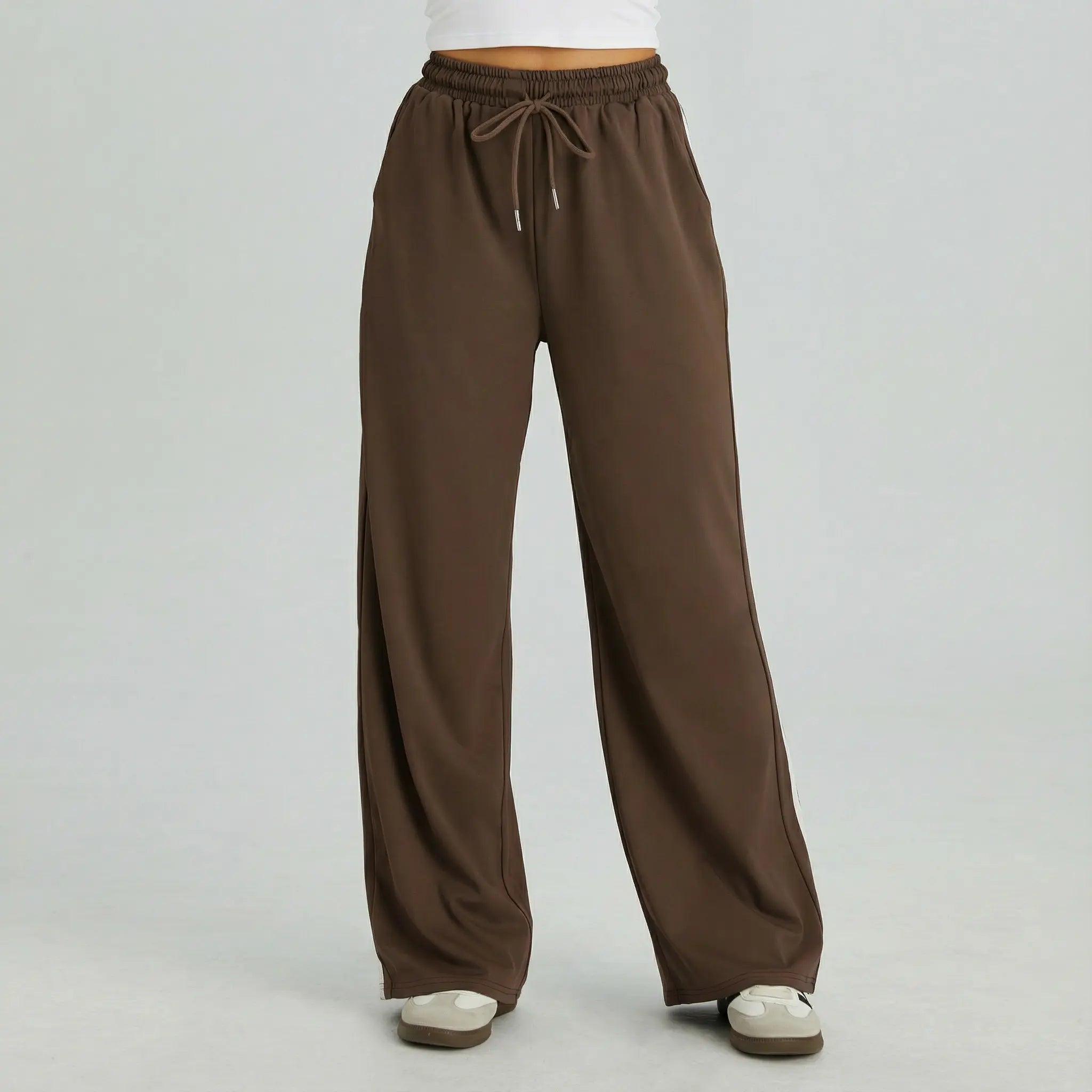 Women's Casual High Waist Striped Wide Leg Trousers, Sporty Drawstring Waist Side Pocket Outfit, Minimalist Versatile Women's Bottom