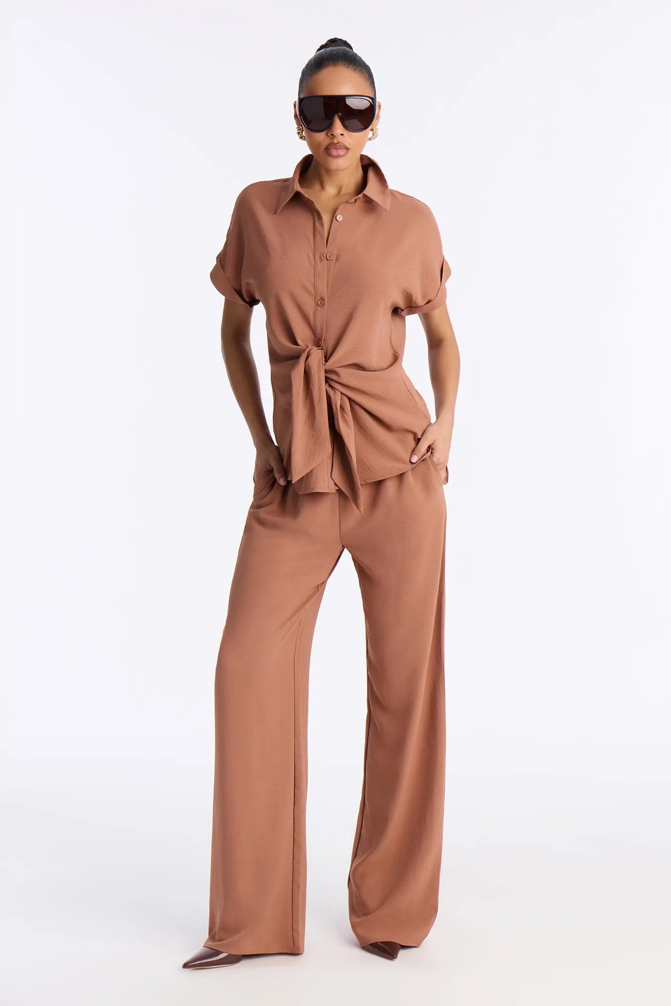 Makela Tie Front Wide Leg Pant Set - Black