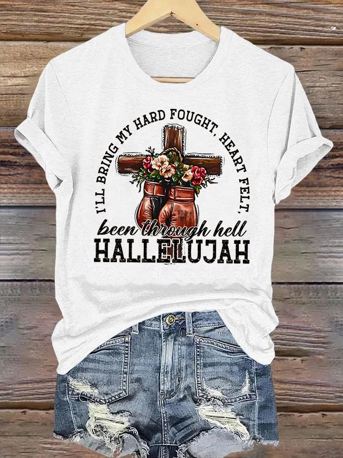 Women's  I'll Bring My Hard Fought Hallelujah Christian Cross Boxing Gloves T-Shirt