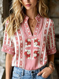 Women's Casual Retro Short-Sleeve Top with Floral Breast Cancer Awareness Print