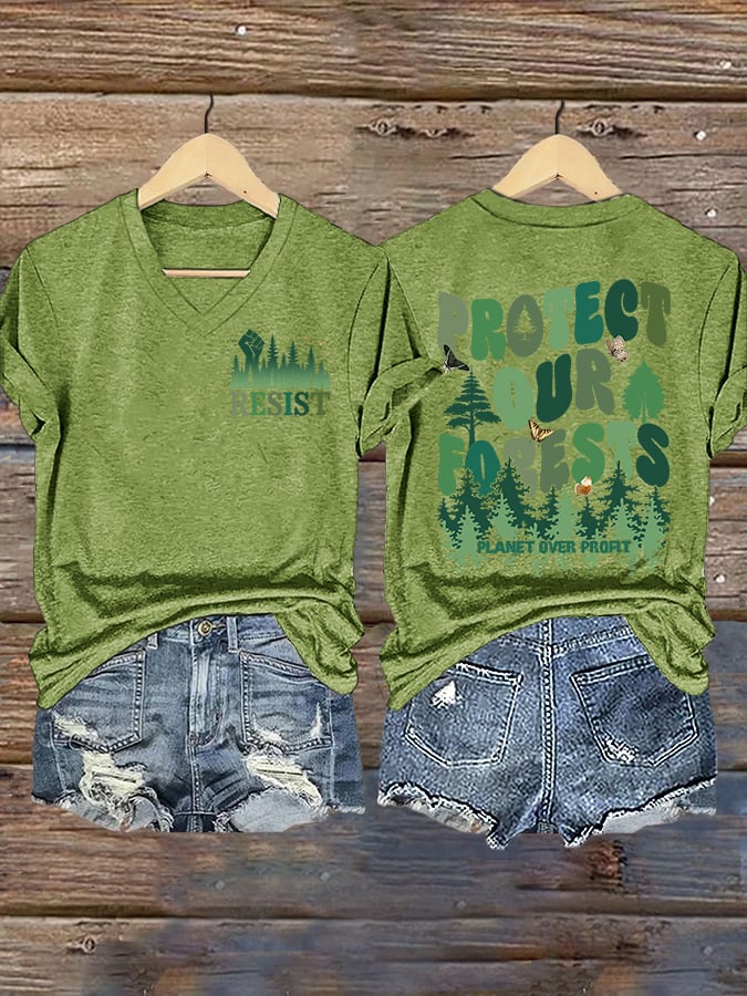 V-Neck Retro Resist Protect Our Forests Planet Over Profit Print T-Shirt