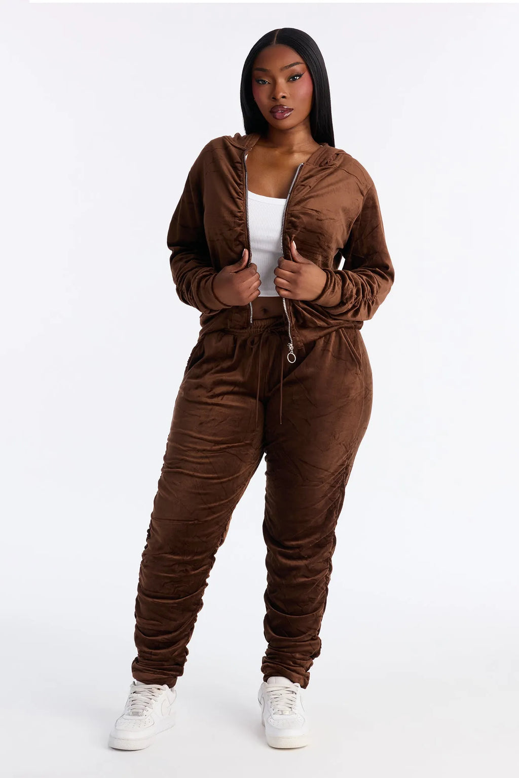 Soft Girl Energy Ruched Velour Jogger Set - Black