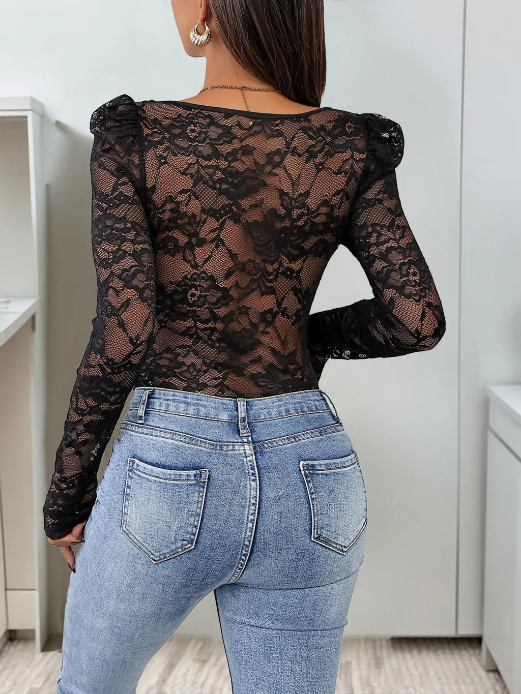 Women's Sexy Lace Trim Long Sleeve Square Neck Slim-Fitting Plain Multi-Color Knit Romper - Slim-Fitting Jumpsuit for Spring & Fall, Womenswear Bodysuit Top