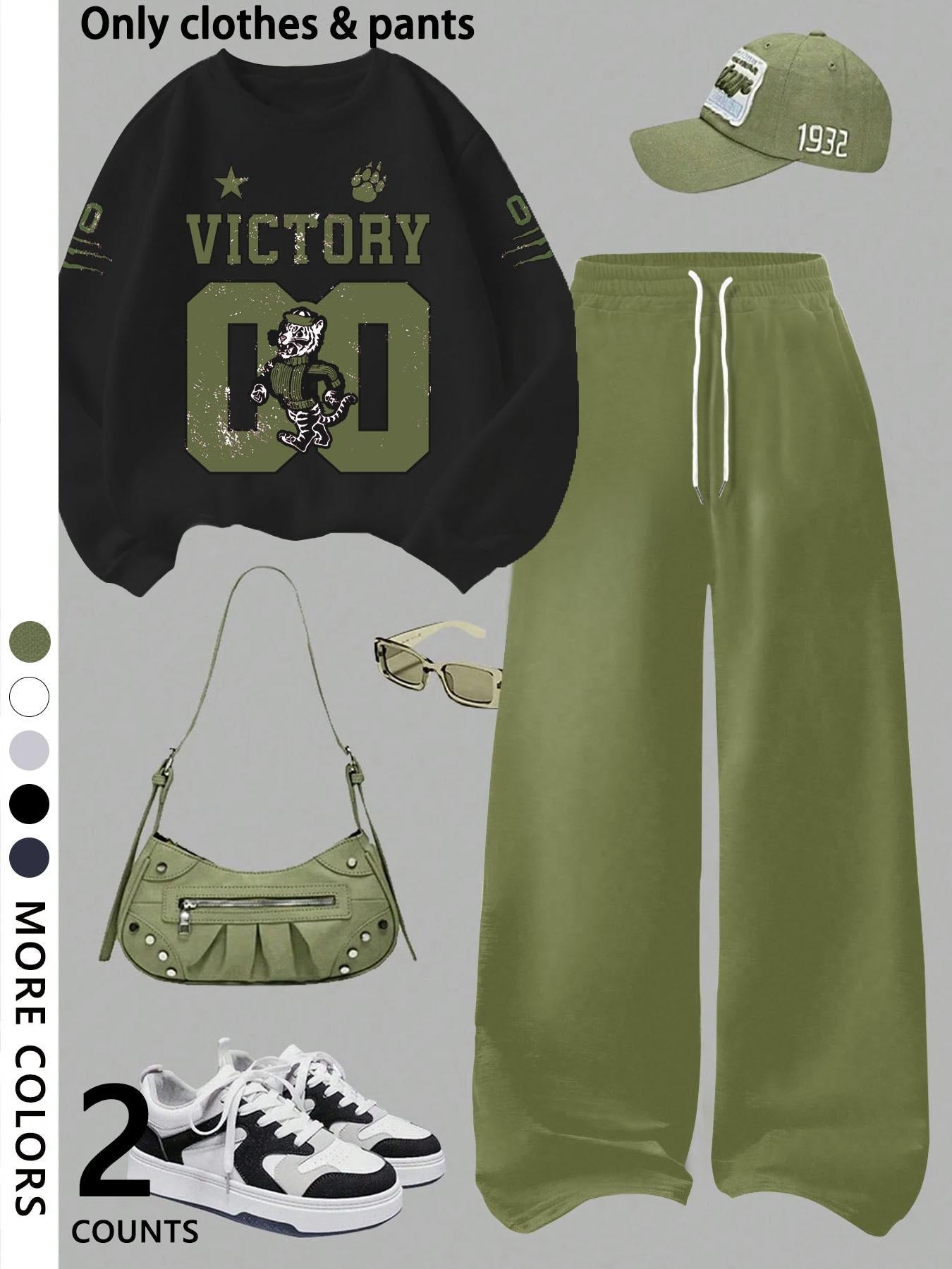 Girls' casual cool Graphic pattern print round neck pullover sweatshirt top and loose casual wide-leg pants, military green fashion dress, suitable for daily and going out