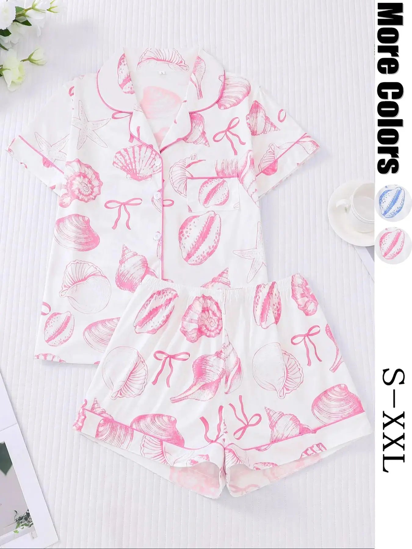 Women's All Over Print Button Front Top & Elastic Waist Shorts Pyjama Two-piece Set