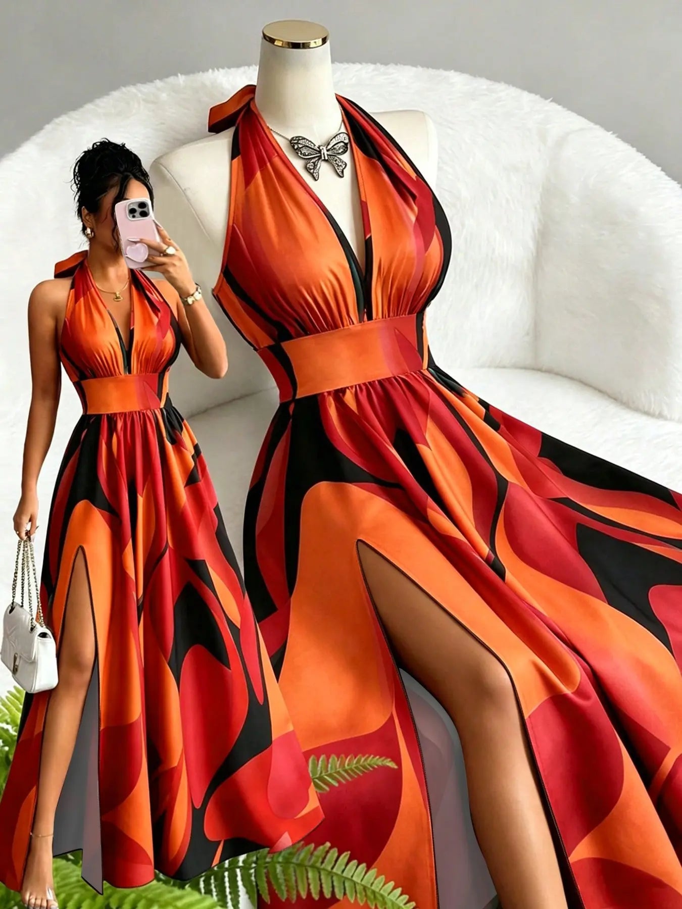 All Over Print Halter Long Dress with Deep V Neck and Split Hem