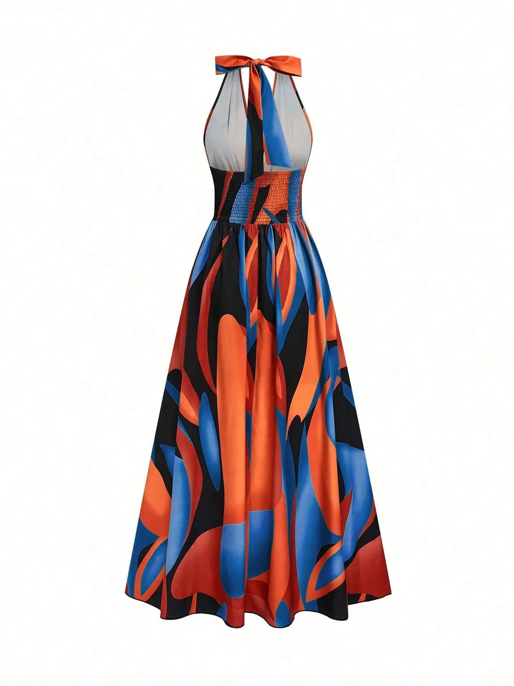 All Over Print Halter Long Dress with Deep V Neck and Split Hem