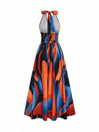 All Over Print Halter Long Dress with Deep V Neck and Split Hem