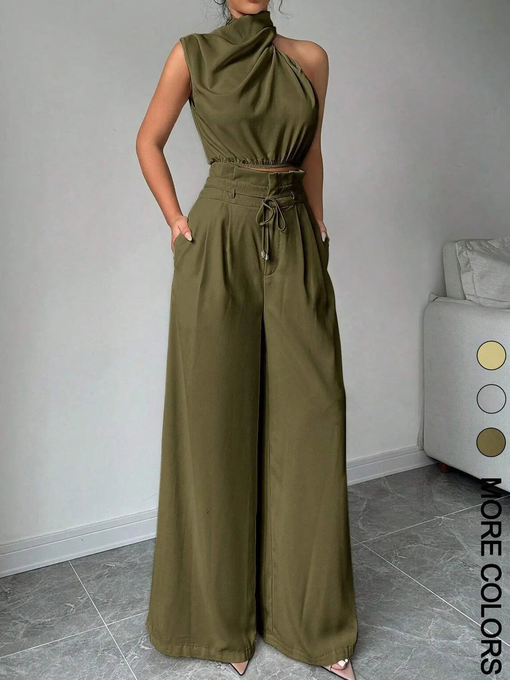 Women's Elegant Two-Piece Set, Irregular Crop Top & Wide-Leg Pants