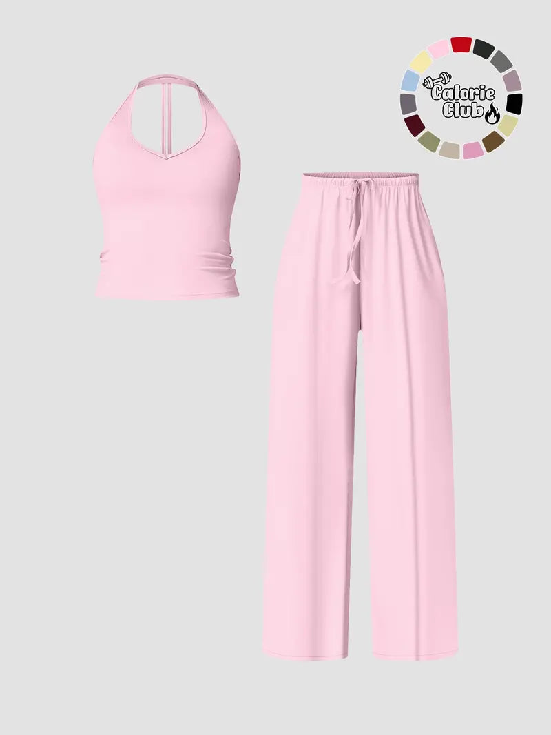 Women's Solid Crop Tank Top & Wide Leg Pants Set