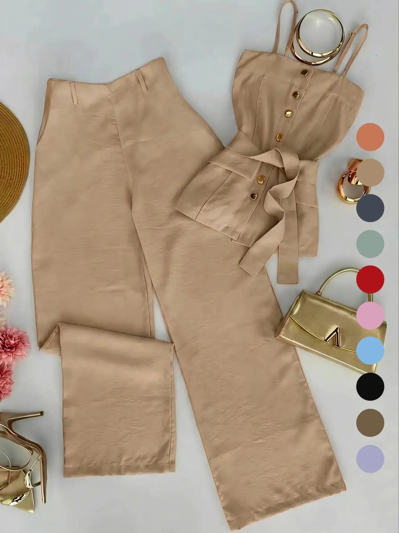 New Women's Solid Color Strappy Top & Long Pants Two-Piece Set, Outfit, Minimalist Basic Versatile Casual Wear, Comfortable and Stylish, Perfect for Daily Use