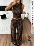 2 Pack Women's Polka Dot Loungewear Set, Sleeveless High Neck Crop Top & Wide Leg Pants, Clean Girl Style Minimalist Summer Outfits with Drop Waist, Slim Fit Lingerie Outfit for Daily Wear & Casual Lounging