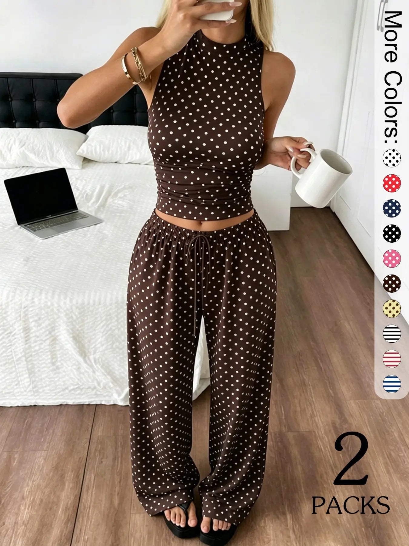 2 Pack Women's Polka Dot Loungewear Set, Sleeveless High Neck Crop Top & Wide Leg Pants, Clean Girl Style Minimalist Summer Outfits with Drop Waist, Slim Fit Lingerie Outfit for Daily Wear & Casual Lounging