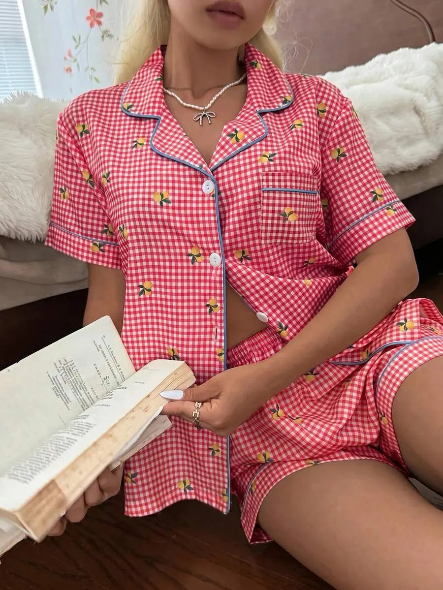 CottageSlumber Women's New Lemon Plaid Print Button-Front Short Sleeve Shorts Pajama Set
