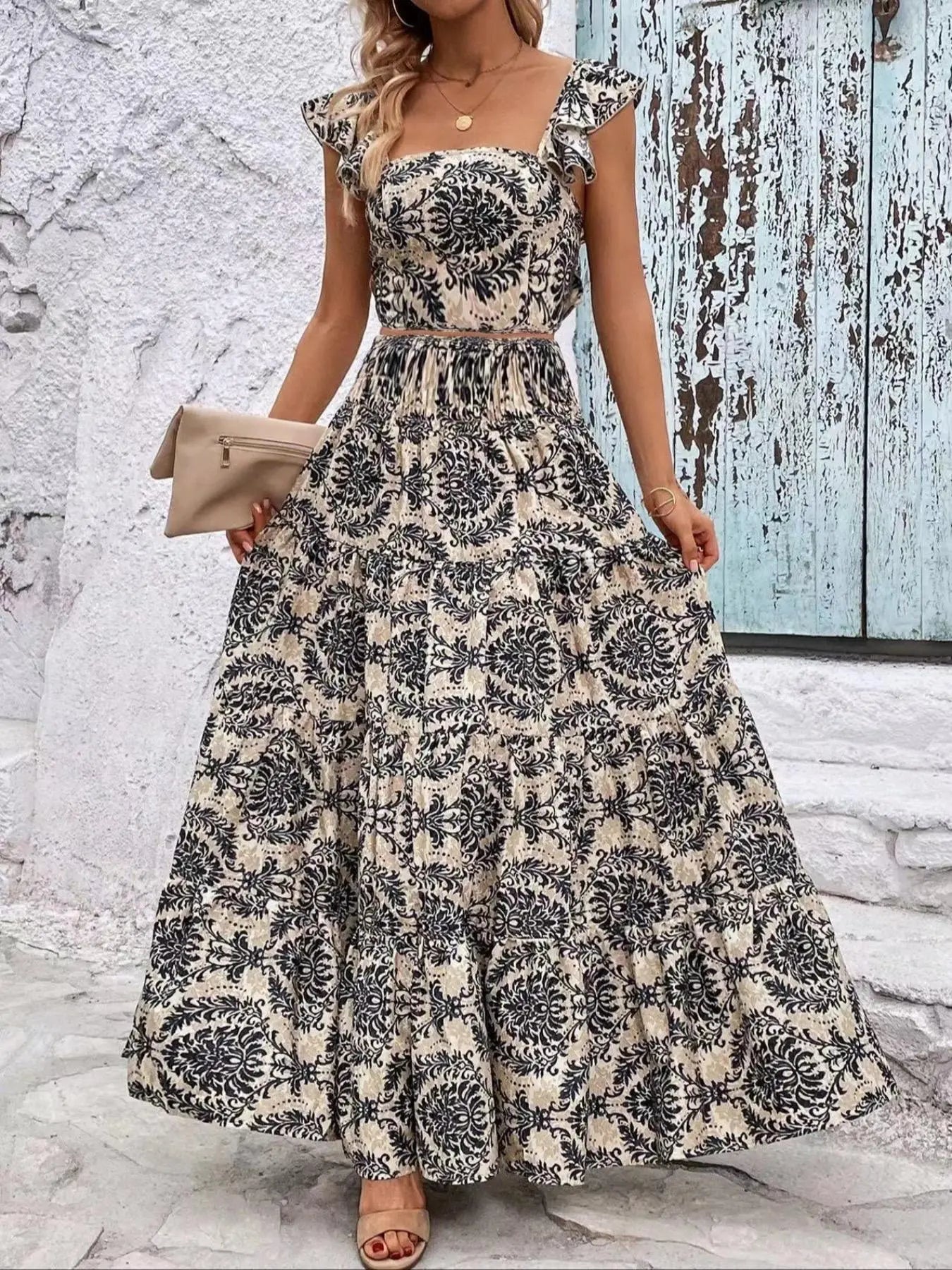 Women's Ethnic Pattern Butterfly-Sleeve Fitted Crop Top & Shirred High Waist A-Line Skirt Set Outfit, Womenswear Summer Boho Bohemian Elegant Square-Neck Top & Ruffle-Hem Long Skirt for Beach Vacations and Holidays Woven Fabric