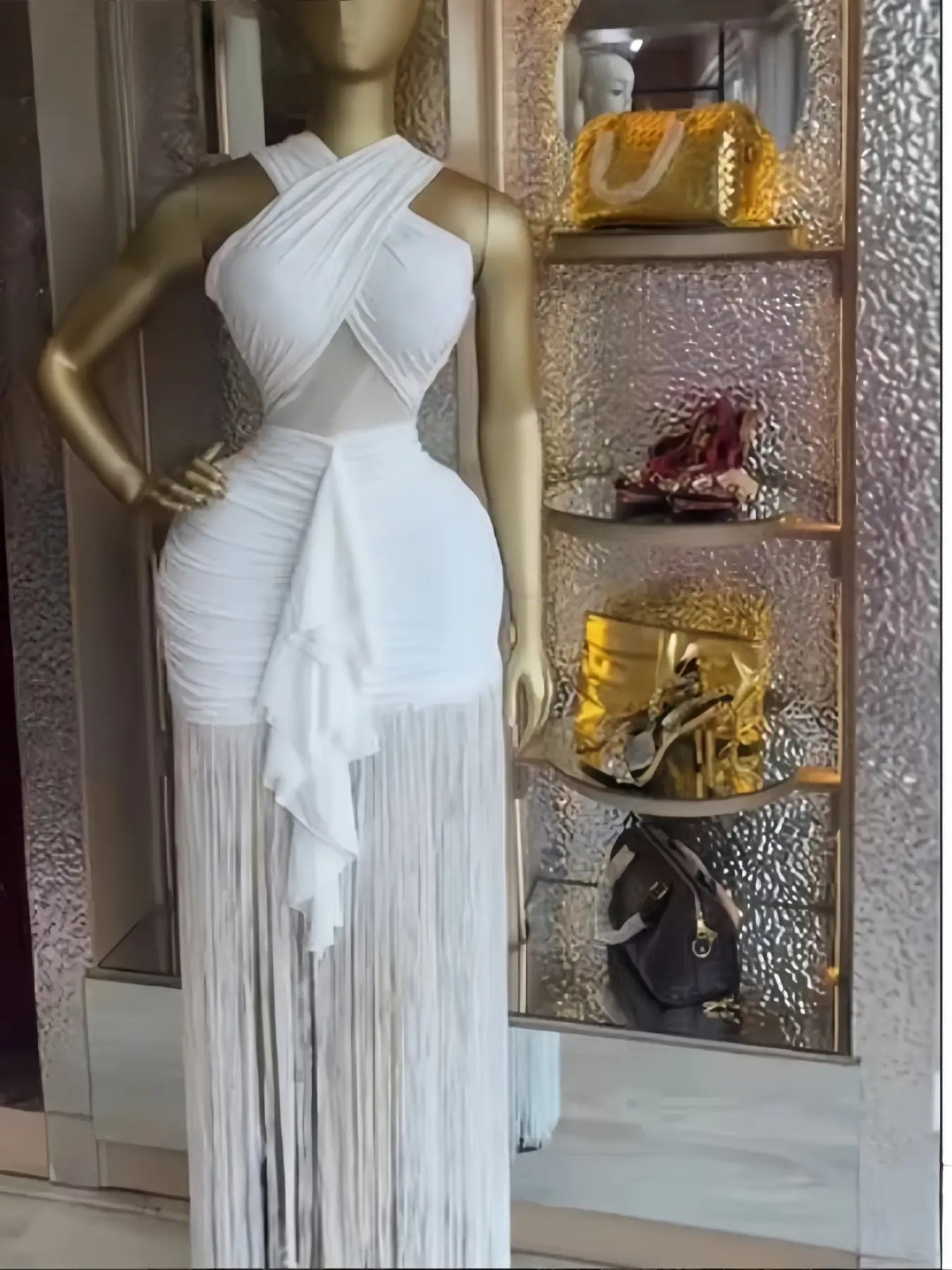 Women's Cross Strap Sleeveless Fringe Maxi Formal Prom Dress,Evening Prom Gown,Spring Lady Skirts,Sexy Design Elegant Style Party Outfit,Evening Cocktail Night Tassel Chic Engagement Dresses