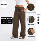 Women's Casual High Waist Striped Wide Leg Trousers, Sporty Drawstring Waist Side Pocket Outfit, Minimalist Versatile Women's Bottom