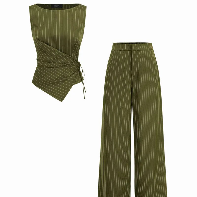 Cider Boat Neck Striped Wrap Knotted Top & Mid Rise Straight Leg Trousers Set– Office & Weekend Casual SwimWeek