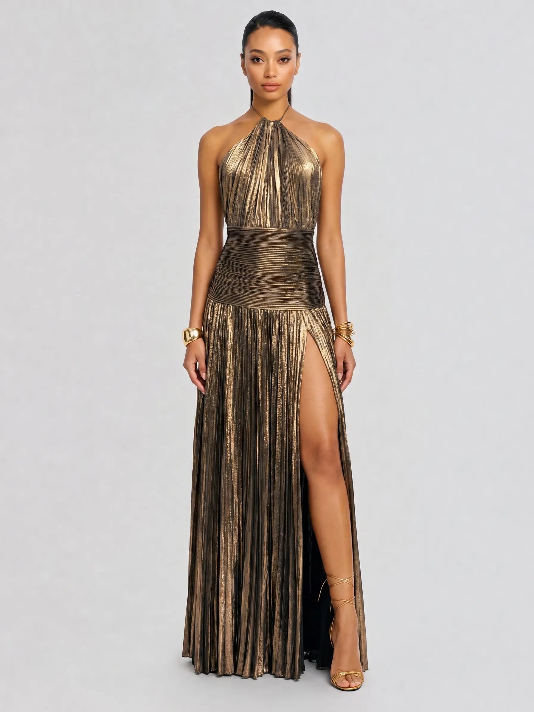 LikeMyChoice 2026 Metallic Olive Gold Maxi Dress for Formal Events