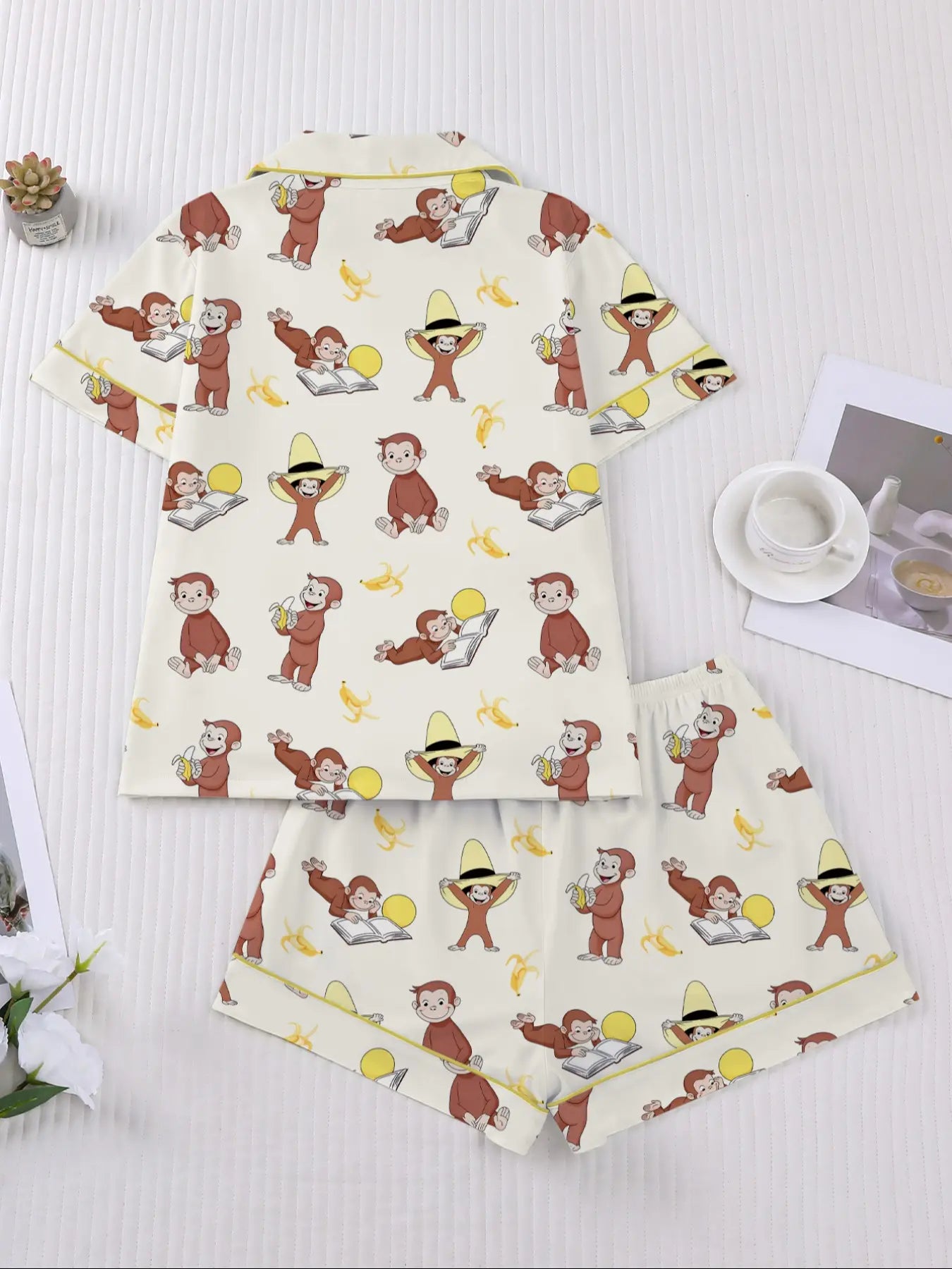 Women's Monkey Banana Print Sleepwear Set, Comfortable Short Sleeve Button Shirt & Loose Elastic Shorts, Fashion Casual Home Wear, Pajama Set, Matching Pj Set, Sleepwear Pajamas Set