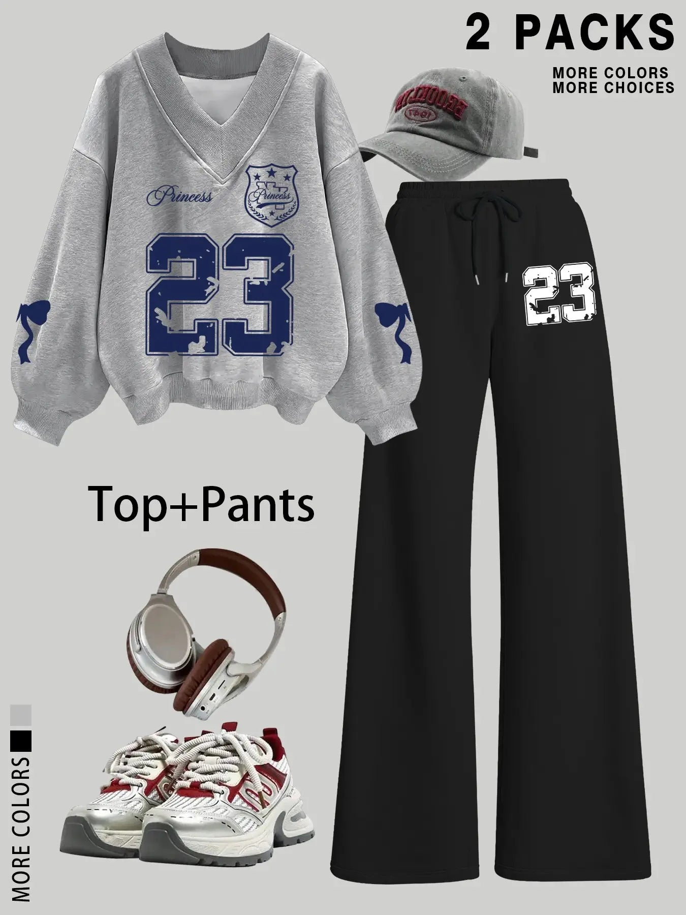 Women's V Neck Sweater Pants Set, Fashionable Digital Bowknot Print, Straight Leg Elastic Waist, Casual Long Sleeve Pullover