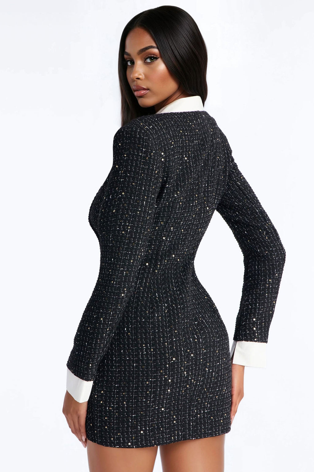 Taryn Long Sleeve Tweed Mini Dress - Black
