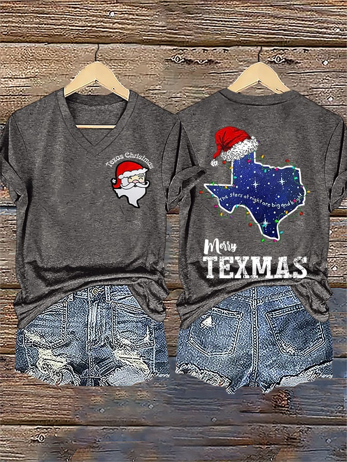 V-Neck Retro Texas Christmas The Stars At Night Are Big And Bright Deep In The Heart Of Texas Print T-Shirt