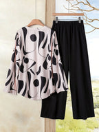 2pcs Women Contrast Color Print Shirt And Pants Set Old Money Style Business Casual Woman Blouse Sets For Ladies Two Piece