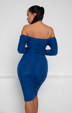Ruched Bardot Long Sleeve Bodycon Mini Dress