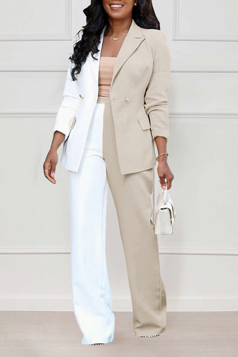 Colorblock Blazer High Waist Straight Leg Pants Matching Set-Yellow