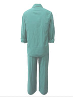 Women's Solid Color Long Sleeve Shirt & Wide Leg Pants Set