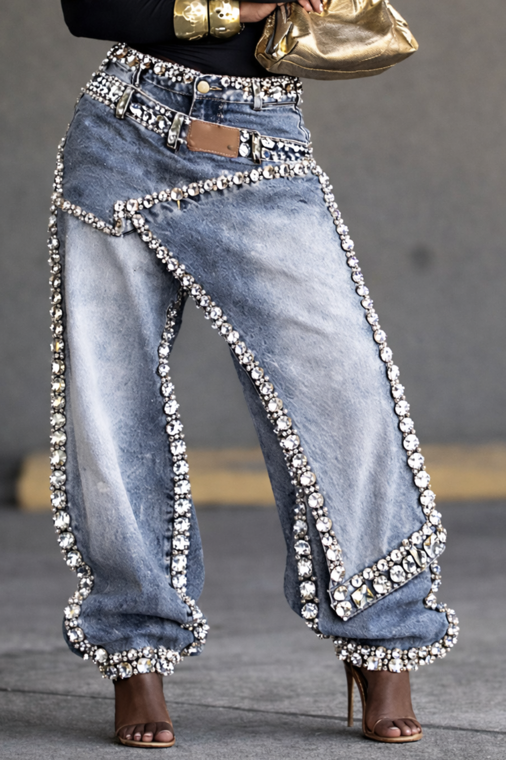 Women's Rhinestone-studded Faux Two-piece Jeans