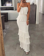 Women's Bandeau Shirred Ruffle Hem Wedding Guest Layered Wedding Dress/Women's Ruched Bodycon Dress/Women's Shirred Ruffle Hem Dress Womenswear