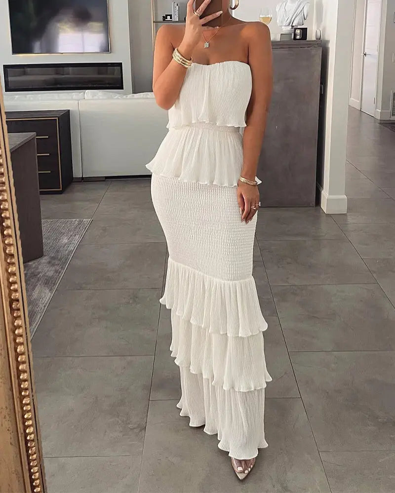 Women's Bandeau Shirred Ruffle Hem Wedding Guest Layered Wedding Dress/Women's Ruched Bodycon Dress/Women's Shirred Ruffle Hem Dress Womenswear