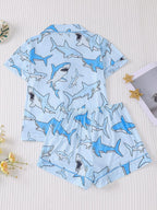 Women's All Over Animal Print Crop Shirt & Elastic Waist Shorts Pyjama Two-piece Set