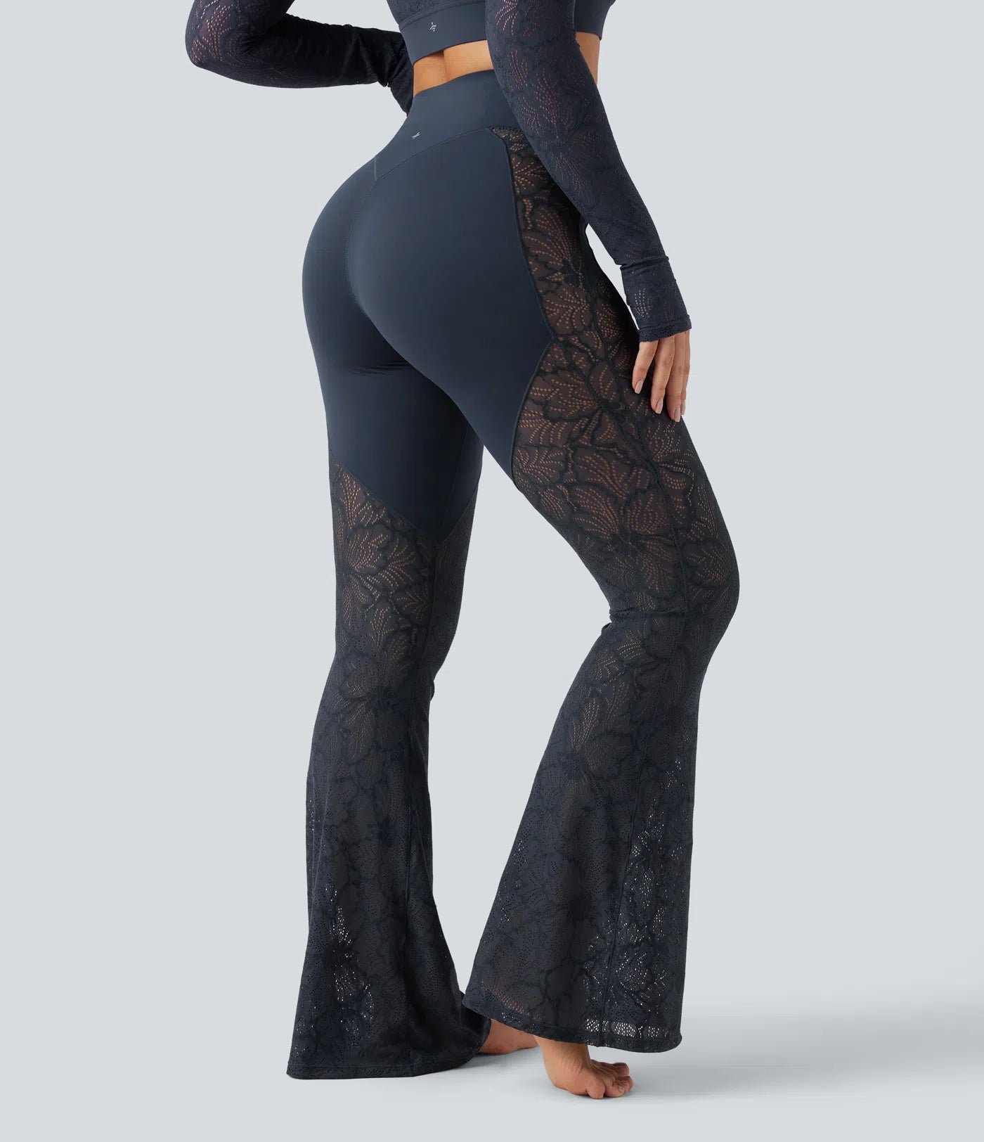 UltraSculptTM High Waisted Tummy Control Contrast Lace Yoga Flare Leggings with Pocket