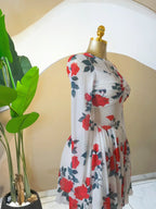 Women's Leaf Floral Print Long Sleeve Round Neckline Pleated Mini Dress, Floral Prints Dress, Fitted, Chic, Birthday Party Fashion Gown, Holiday Draped Bust Beach Dress, Streetwear Ladies Dresses