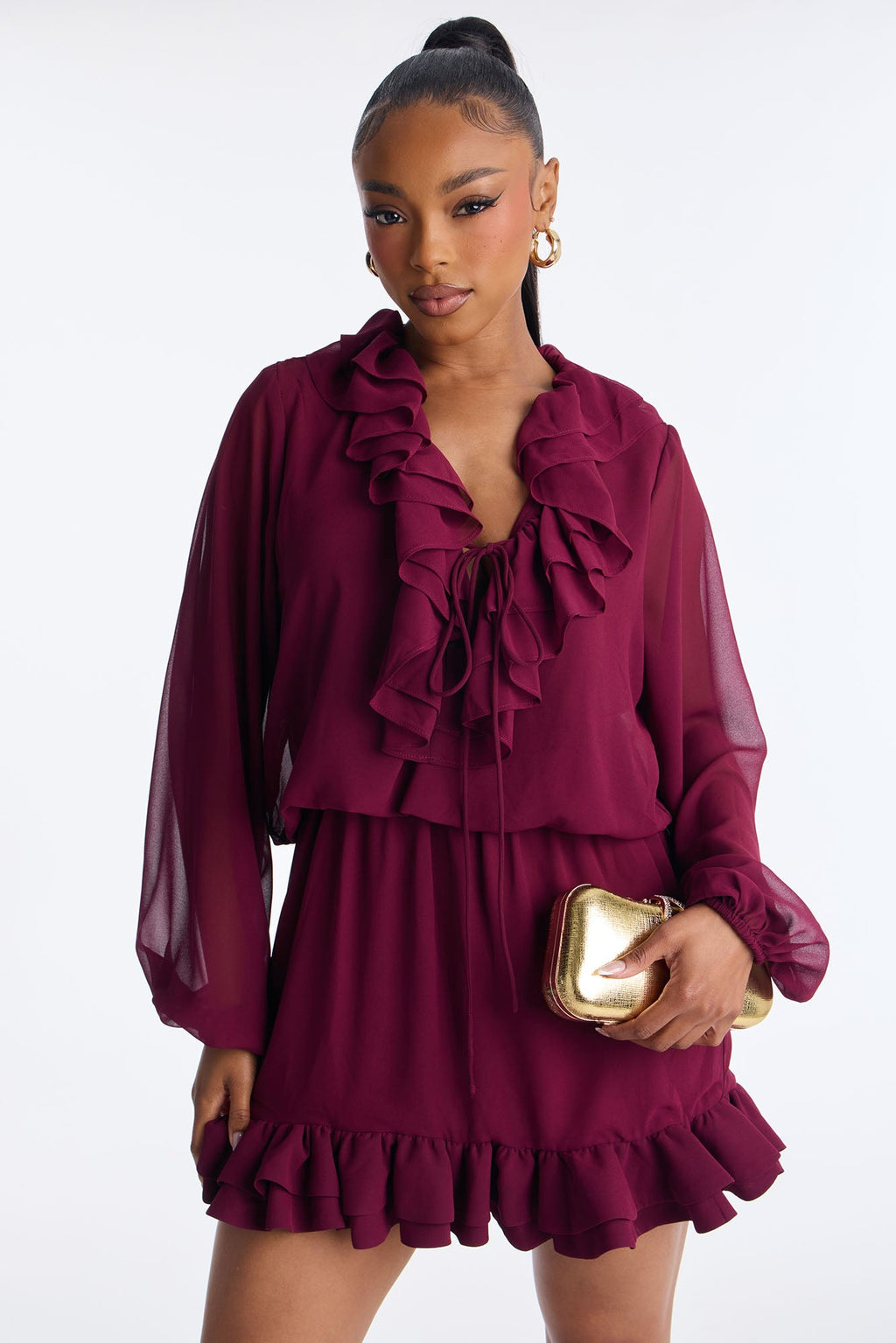 Summer Daze Ruffle Chiffon Mini Dress - Burgundy