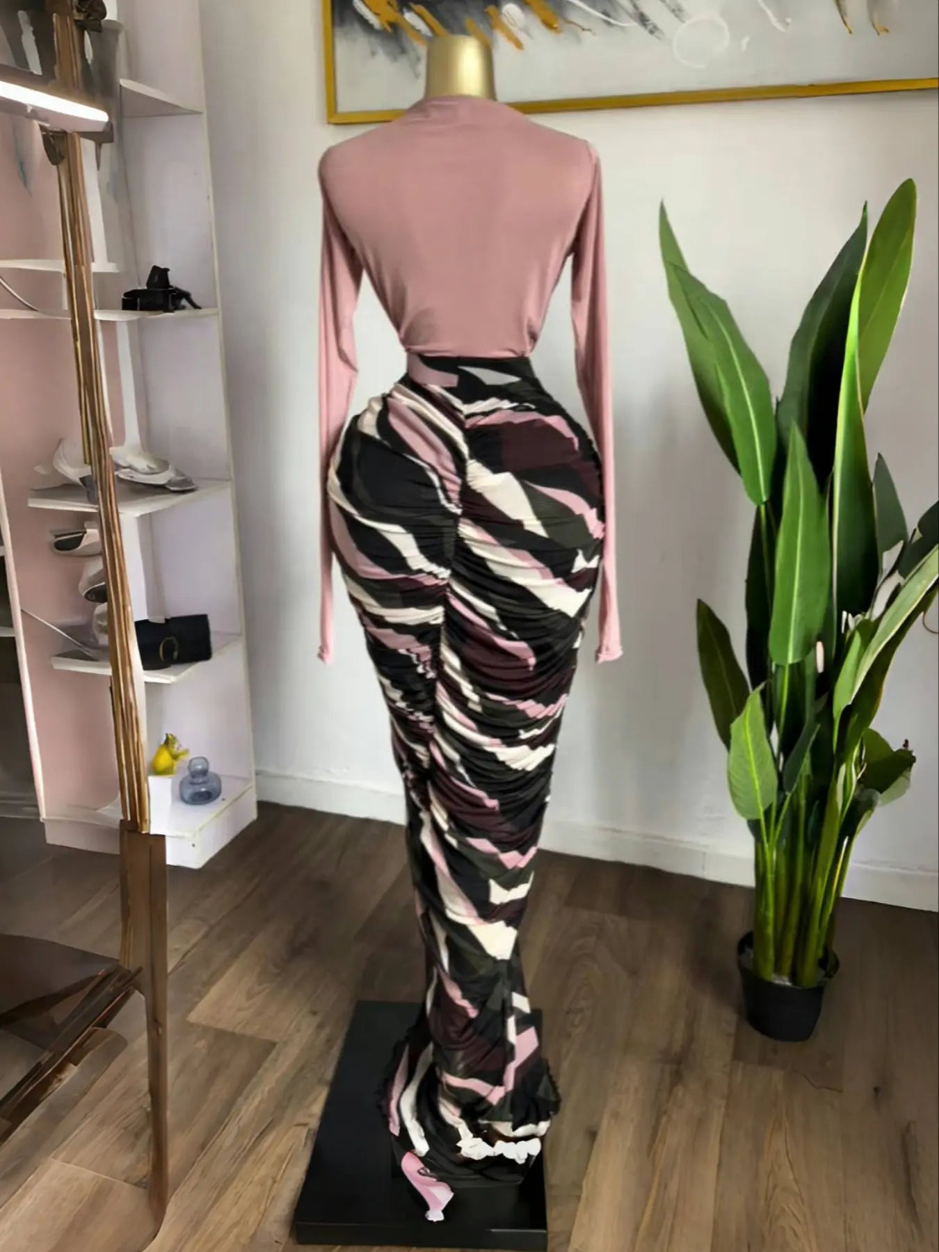 Women's Casual Wear Chic Elegant Tie-Dye, Striped, Patchwork, Printed Ruched Pleats Bodycon Fitted Midi Dress, Fall Winter Vacation Party, O-neck Elastic, Holiday Beach Dress Womenswear Maxi