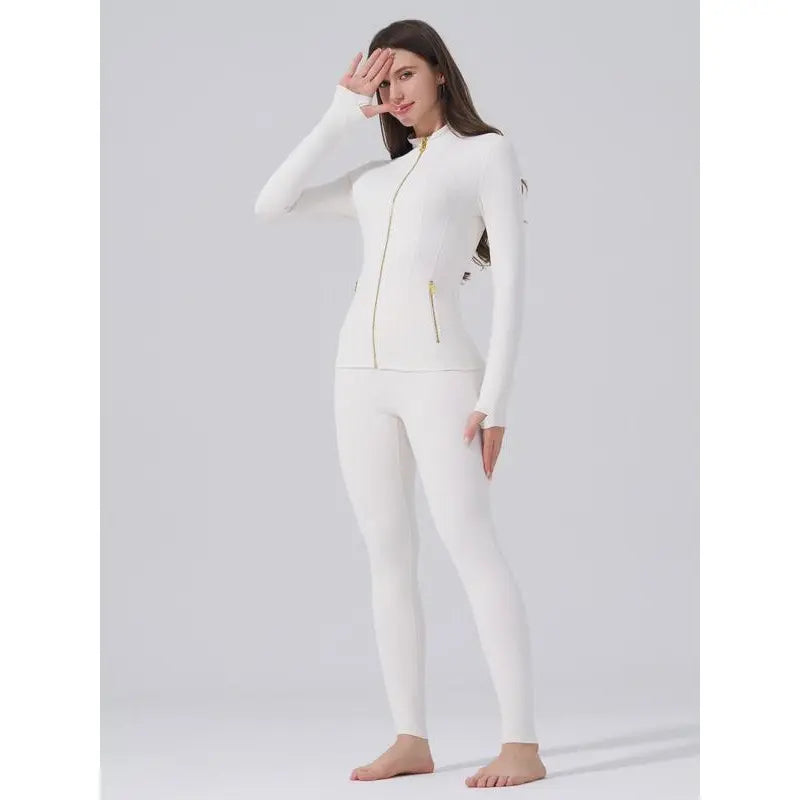 【Golden Zipper】Soft Brushed Women's Sport | Yoga | Quick-dry | Workout Jacket & High Waisted Cropped Leggings. Golden Zipper Jacket with Pockets, Yoga Pants, Thumbholes Design, Casual Slim fit Wear for Women
