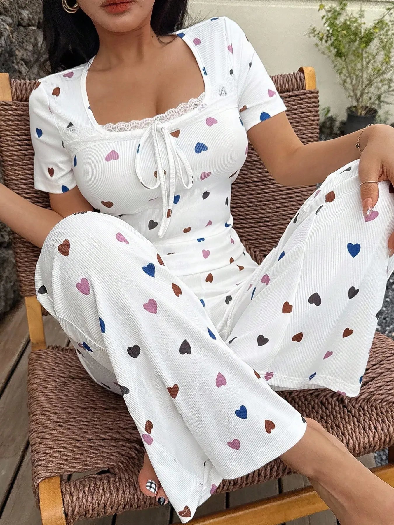 Women's Heart Print Short Sleeve Sleepwear Set, Breathable Fabric, Soft and Comfortable, Indoor Outdoor Wear, Casual Home Clothes Two-Piece Pajama Set Loungewear