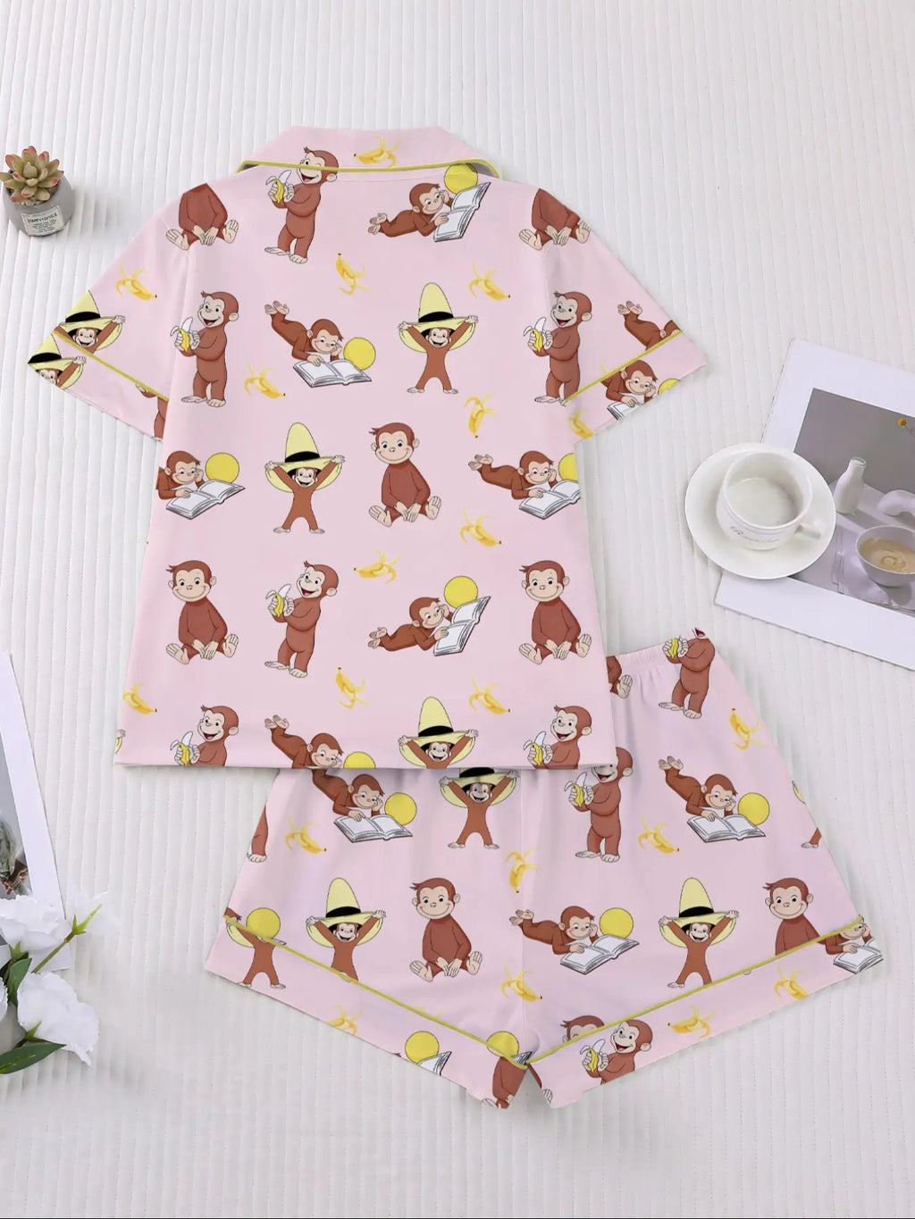Women's Monkey Banana Print Sleepwear Set, Comfortable Short Sleeve Button Shirt & Loose Elastic Shorts, Fashion Casual Home Wear, Pajama Set, Matching Pj Set, Sleepwear Pajamas Set