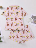 Women's Monkey Banana Print Sleepwear Set, Comfortable Short Sleeve Button Shirt & Loose Elastic Shorts, Fashion Casual Home Wear, Pajama Set, Matching Pj Set, Sleepwear Pajamas Set